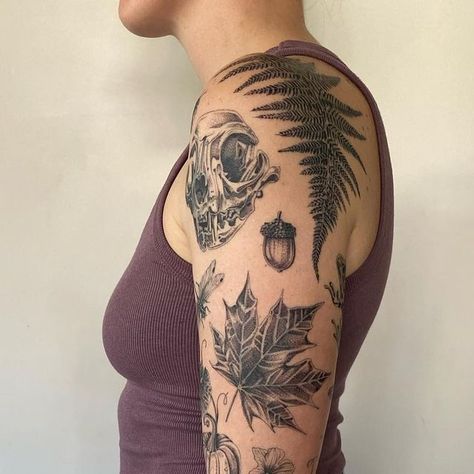 Nature Inspired Patchwork Tattoos, Patchwork Tattoo Plants, Plant Patchwork Sleeve Tattoo, Nature Patch Work Tattoo, Granola Tattoo Sleeve, Nature Tattoos Patchwork, Patchwork Tattoo Ideas Nature, Nature Tattoo Cover Up, Nature Themed Patchwork Tattoos