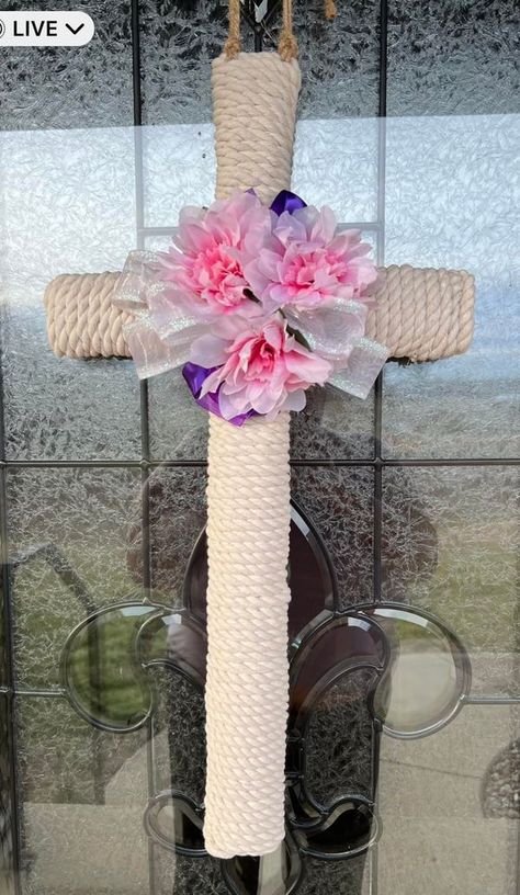 Dollar Tree Fanatics Crafts & Decor | I made these with DT cross wreath frames, flowers, hearts, nautical rope and some of the ribbon is DT | Facebook Frames Flowers, Wreath Frames, Cross Wreath, Crafts Decor, Nautical Rope, Dollar Tree, Nautical, Wreath, Ribbon