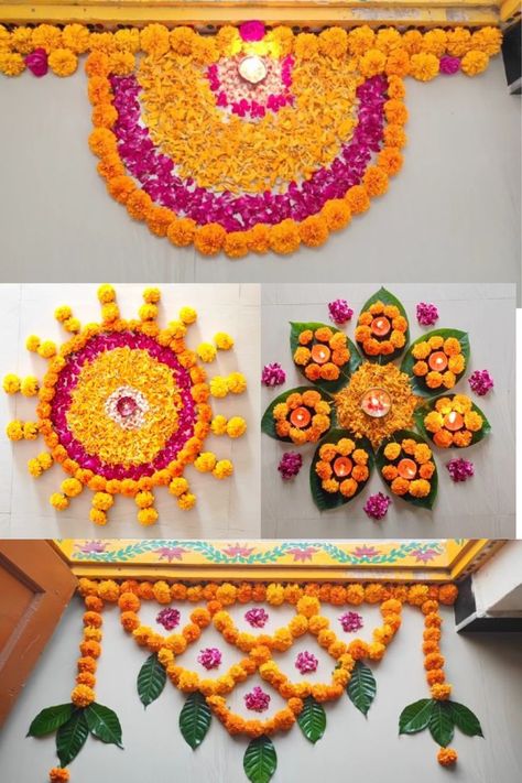 Flower And Color Rangoli, Easy Floral Rangoli Designs, Ganesh Flower Rangoli, Corner Rangoli Designs With Flowers, Corner Flower Rangoli, Onam Rangoli Flower, Welcome Rangoli With Flowers, Floral Rangoli Designs Diwali, Flower Rangoli Designs Ideas Beautiful