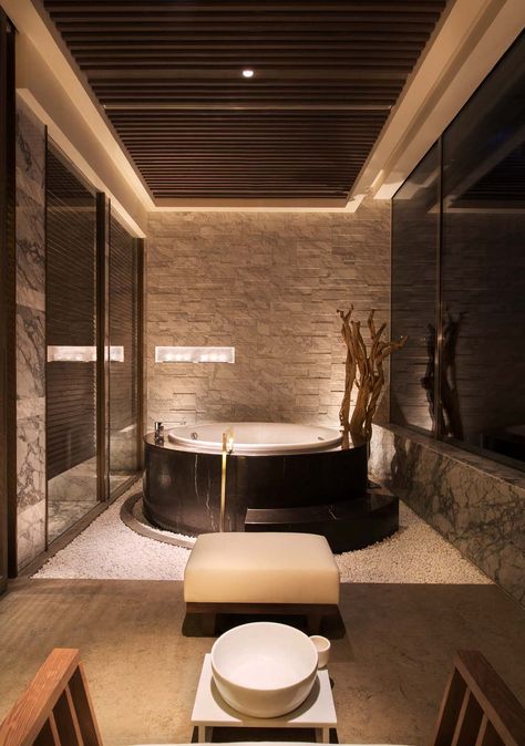 Grand Hyatt Shenyang designed by Hirsch Bedner Associates. Lighting design by Illuminate. Hot Tub Decor, Shenyang China, Tub Decor, Deco Spa, Jacuzzi Room, Nice Aesthetic, Indoor Jacuzzi, Indoor Hot Tub, Hyatt Hotel