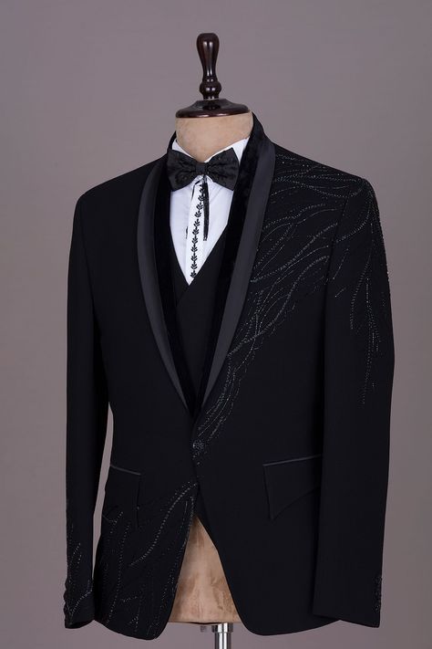 Buy Black Cutdana Embroidered Italian Tuxedo Suit Online | Samyakk Night Wedding Men Suit, Black Suit Designs For Men, Suit With Embroidery Men, Handwork Blazer For Men, Unique Blazers For Men, Engagement Suits For Men Groom Style, Embroidery Tuxedo Men, Tuxedo For Men Wedding Groom Style, Party Wear Suits For Men