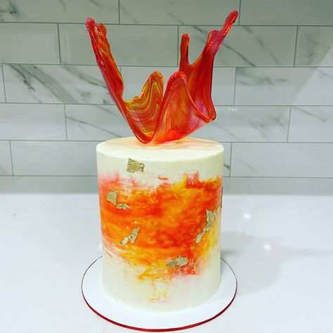 Fire Themed Cake, Fire Cake Ideas, Elemental Cake, Isomalt Sail, Phoenix Cake, Sail Cake, Flame Cake, Buttercream Texture, Texture Cake