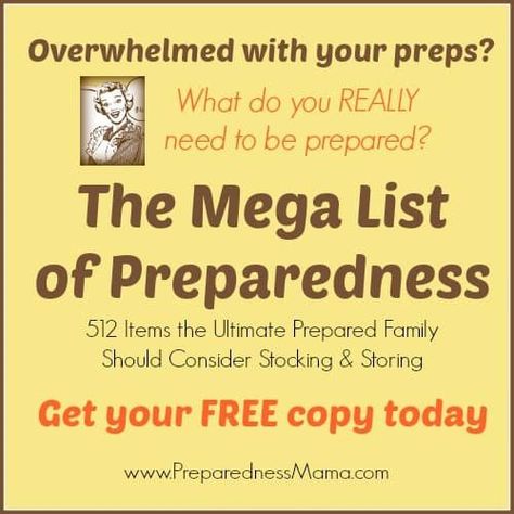 Get your FREE copy of The Mega List of Preparedness: 512 Items the Ultimate Prepared Family Should Consdier Stocking & Storing | PreparednessMama Preparedness Mama, Survival Ideas, 72 Hour Kits, Survival Supplies, Emergency Preparation, Emergency Supplies, Emergency Prepping, Disaster Preparedness, Bug Out Bag