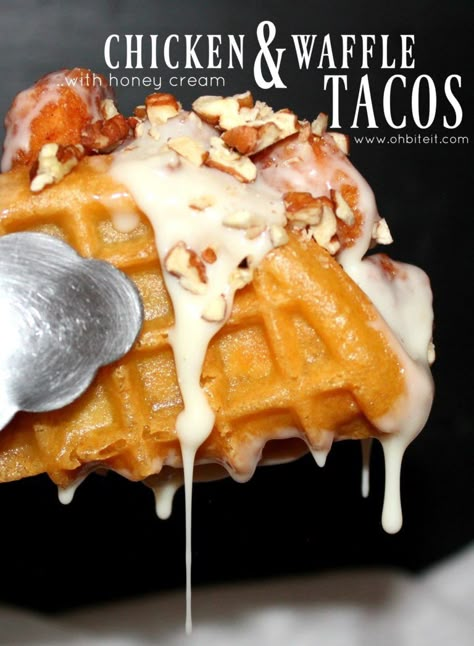 Brain Break Foodie Friday!  Chicken & Waffle Tacos...with Honey Cream!!🤗 Waffle Tacos, Waffle Taco, Waffle Bowl, Waffle Iron Recipes, Chicken Waffles, Food Truck Menu, Honey Cream, Waffle Maker Recipes, Waffle Sandwich