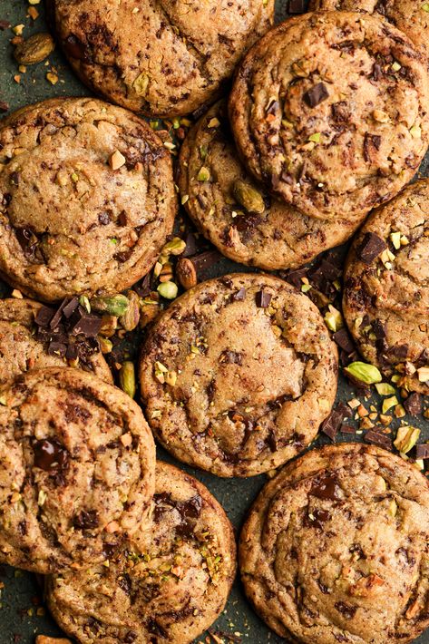 Brown Butter Pistachio Chocolate Chunk Cookies | Sturbridge Bakery Sturbridge Bakery, Pistachio Coffee, Pistachio Chocolate, Brown Butter Cookies, Pistachio Butter, Pistachio Cookies, Dark Brown Sugar, Dark Chocolate Cookies, Cookie Bakery