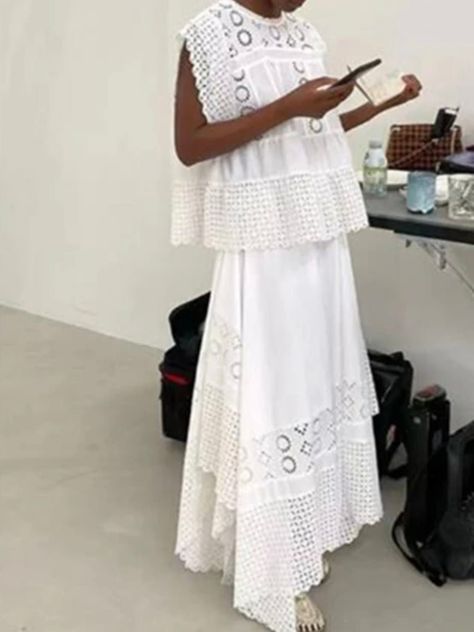 White set of 2 eyelet lace top and skirt - Wapas White Dress Long Casual, White Cotton Lace Dress, Eyelet Lace Top, High Heel Wedges Platform, Floral Geometric, White Set, Top And Skirt, Eyelet Dress, Shorts Jeans