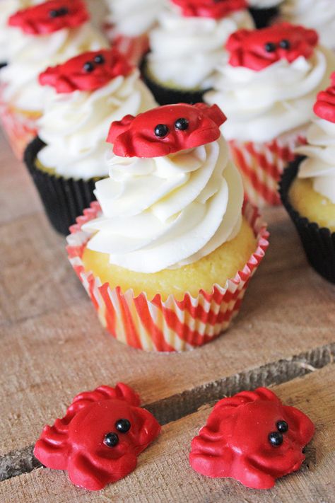 How to Make Cute Crab Cupcake Toppers - Rose Bakes  via Rose Atwater Crab Themed Cake, Crab Birthday Cakes, Crab Feast Party, Nautical Centerpieces, Centerpieces For Baby Shower, Crab Cupcakes, Crab Party, Fondant Cupcake Topper, Sea Cupcakes