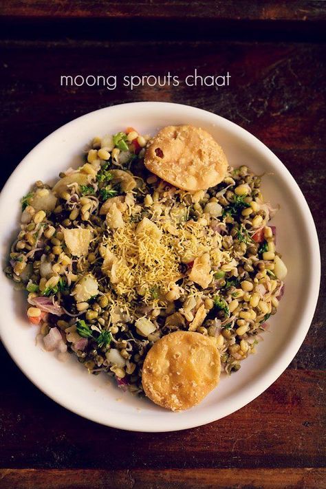 moong sprouts chaat recipe - tangy chaat made with mung bean sprouts #snacks #southindian Moong Sprouts, Chats Recipe, Aloo Tikki, North Indian Recipes, Chaat Recipe, Veggie Tray, Indian Snack Recipes, Indian Food Recipes Vegetarian, Indian Spices