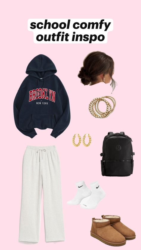 #school#outfit#comfy#inspo#sweats#hoodie#uggs#messybun#goldjewlery#nike#socks Hoodie And Sweats Outfit, School Outfit Comfy, Sweats Outfit, Nike Socks, Comfy Outfit, Nike Hoodie, School Outfit, Comfy Outfits, Socks