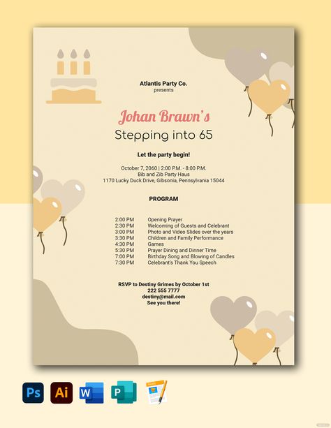 60th Birthday Program Flow, Party Program Template, Birthday Program Template, Birthday Party Program, 65th Birthday Party, 29th Birthday, 70th Birthday Parties, 75th Birthday, 65th Birthday