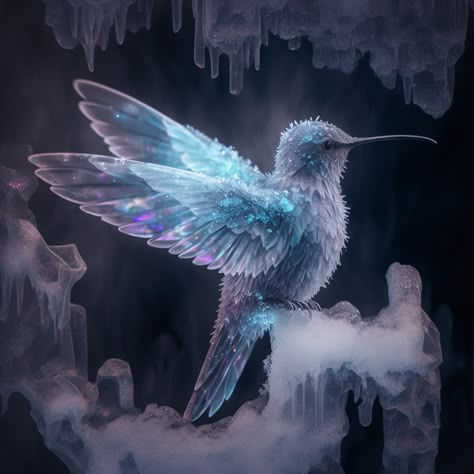 Winter Fantasy Creatures, Ice Creatures Fantasy Art, Ice Creature Fantasy Art, Ice Animals, Fantasy Ice Creatures, Winter Fey, Fantasy Hummingbird, Winter Fantasy Animals, Ice Animal Fantasy Art