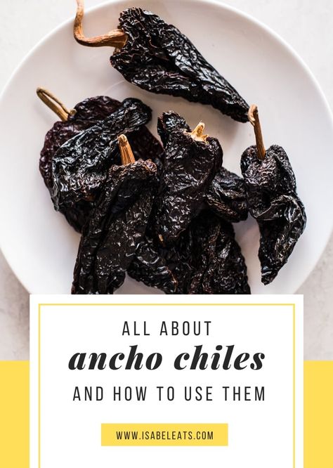 The ancho chile is a staple in Mexican cooking. Their mild heat and sweet smoky flavor are unique and can enhance the flavor of many dishes and sauces! Learn how to select them and recipes that use them. #mexicanfood #chilepeppers #peppers Recipes With Ancho Chile, Ancho Chili Recipes, Ancho Chilli Recipes, Recipes With Dried Chiles, Dried Chilli Recipes, Chile Ancho Recipes, Dried Peppers Recipes, Dried Ancho Chili Recipes, Ancho Peppers Recipes