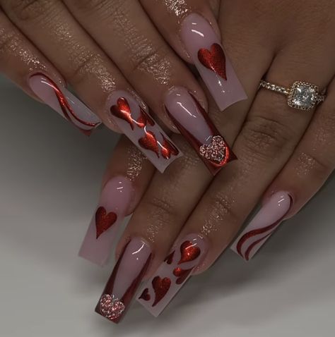 Classy Vday Nails, Red And Pink Valentines Day Nails, Pink And Red Nails Short, Red And Pink French Tip Nails, Vday Nails Acrylic, Pink And Red Nail Designs, Holiday Nails Pink, Nails Pink And Red, Pink Red Nails