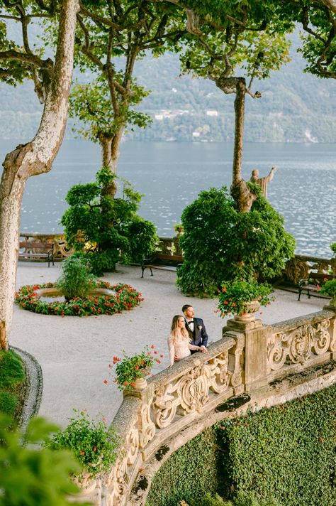 Bride and Groom photo at Lake Como outdoor wedding venue Lake Como Villa Balbianello Wedding, Villa Del Balbianello Proposal, Italy Villa Wedding, Elegant Destination Wedding, Lake Como Engagement Shoot, Wedding In Europe, Lake Como Honeymoon, Wedding Honeymoon Places, Lake Como Wedding Aesthetic