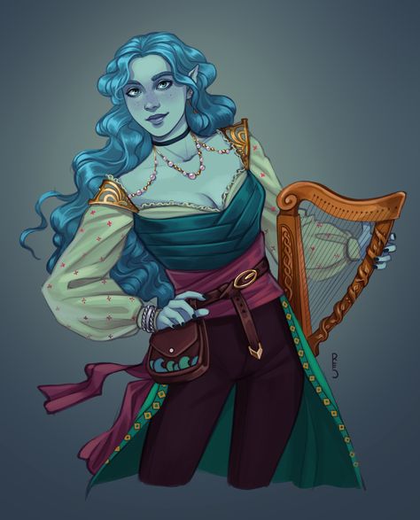 Triton Bard, Dnd Water Genasi Female, Water Genasi Female, Sea Elf Female Dnd, Rachel Denton, Sea Elf, Dnd Bard, Fantasy High, Dnd Races