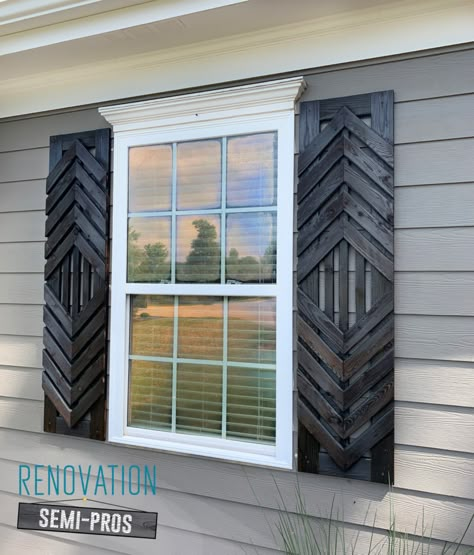 Diy Black Shutters Exterior, Black House Wood Shutters, Herringbone Shutters Exterior, Shutter Designs Exterior, Unique Shutters Exterior, Custom Shutters Exterior, Houses Without Shutters, Exterior Window Decor, Diy Shutters Exterior