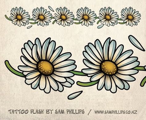 Sams Blog: Daisy Chain Tattoo- Maybe on my chest, two for my siblings Daisy Reference, Daisy Chain Tattoo, Daisy Tattoo Designs, Daisy Flower Tattoos, Interesting Tattoos, Sam Phillips, Chain Tattoo, Dog Memorial Tattoos, Tattoo Posters