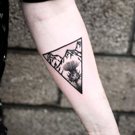 Geometric Thistle Tattoo, Thistle Arm Tattoo, Scottish Tattoo Ideas, Scotland Tattoo Ideas, Scotland Tattoo, Scottish Thistle Tattoo, Scottish Tattoo, Scotland Mountains, Scottish Tattoos