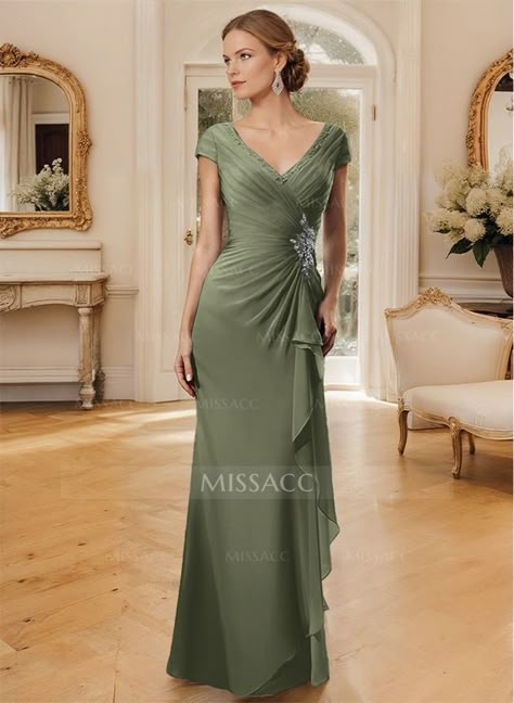 Sheath/Column V-Neck Floor-Length Chiffon Mother Of The Bride Dress With Appliques Lace Mother Of The Bride Dresses Sage Green, Olive Green Dress Outfit Wedding, Summer Mother Of The Bride Dresses Classy, Dress For Mom Of The Bride, Mom Of The Bride Dress, Modern Mother Of The Bride Dresses, Gown For Mother Of The Bride, Olive Green Dress Outfit, Elegant Silk Dresses