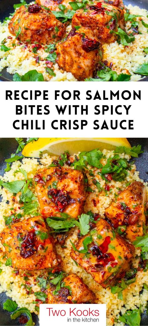 Check out this bold flavorful recipe for salmon bites drizzled with a spicy 4-ingredient sauce featuring coconut milk and chili crisp. Simply delicious! Spicy Peruvian Salmon, Easy Asian Salmon Recipes, Chili Crisp Salmon, Recipes Using Spicy Chili Crisp, Kokanee Salmon Recipes, Spicy Chili Crisp Recipes, Chili Crisp Recipe Ideas, Spicy Fish Recipes, Salmon Entrees