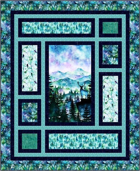 "Quilt Pattern - Picture That - A Pieced Panel Quilt by Kari Nichols for Quilting Renditions. Finished size:  72 1/2\" x 88 1/2\" This is for the pattern only-no fabric or notions included." Queen Size Panel Quilt Pattern, Mountain Quilt Pattern, Wildlife Quilts, Mystic Mountain, Panel Quilt Patterns, Panel Ideas, Fabric Panel Quilts, Mountain Quilts, Bed Quilt