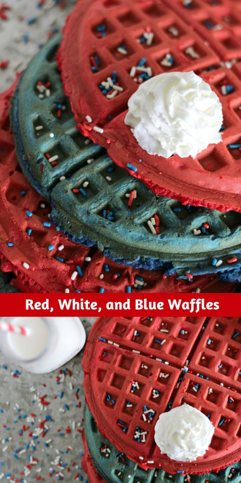 Fluffy red, white, and blue waffles are the perfect patriotic breakfast treat to serve for fourth of July breakfast. These festive waffles would also make the perfect base for waffles and ice cream after a fireworks show. #waffles #fourthofjulywaffles #redwhiteandblue #holidaywaffles Veterans Breakfast Ideas, Christmas Morning Waffles, Fluffy Waffle Recipe Egg Whites, Cranberry Orange Waffles, Fourth Of July Breakfast, Blue Waffles, Patriotic Breakfast, Waffles And Berries, Waffles With Whipped Egg Whites