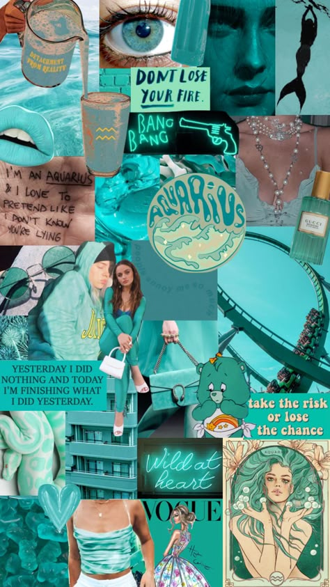 #aquarius #teal #aesthetic #moodboard #astrology Zodiac Aesthetic Aquarius, Aquarius Collage Wallpaper, Aquarius Astethic, Aquarius Midheaven Aesthetic, Aquarius + Core + Aesthetic, Aquarius Mood Board Aesthetic, Birthday Cake Aquarius, Aquarius Mood Board, Aquarius Aesthetic Zodiac