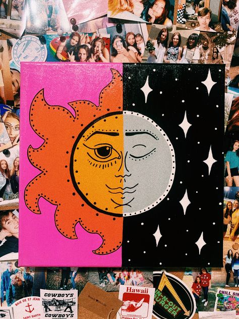 Half Sun Half Moon Painting, Sun And Moon Painting Canvases Easy, Sun And Moon Painting, Moon And Sun Painting, Disney Canvas Art, Disney Canvas, Friend Painting, Sun Painting, Wine Painting