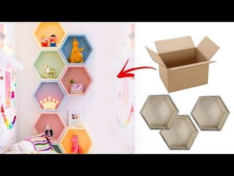 (12238) How to make hexagon wall shelf using cardboard easily - YouTube Hexagon Wall Shelves, Hexagon House, Hexagon Wall Shelf, Three Piece Wall Art, Cardboard Ideas, Hexagon Wall, Honeycomb Shelves, Geometric Shelves, Hexagon Shelves