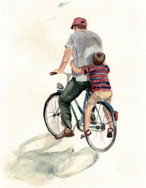 “Father and Son”, a fine art print, 21 x 30 cm on original watercolor paper, 220g/m². It’s also available here at my Monifaktur shop … Father's Day Drawings, Indian Drawing, Childhood Memories Art, Father Art, Human Figure Sketches, Mother Art, Figure Sketching, Bicycle Art, Painting People