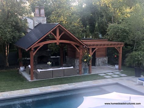 15' x 15' Timber Frame Pavilion with Attached Wood Pergola & Shed Garage With Pavillion, Decks With Pavillion, Timber Frame Patio Cover, Outdoor Living Pavilion, Pavilion Pergola Combo, Pavillion Ideas Architecture, Outdoor Kitchen Attached To Garage, Pool Pavillion Backyard, Pergola Shed Combo