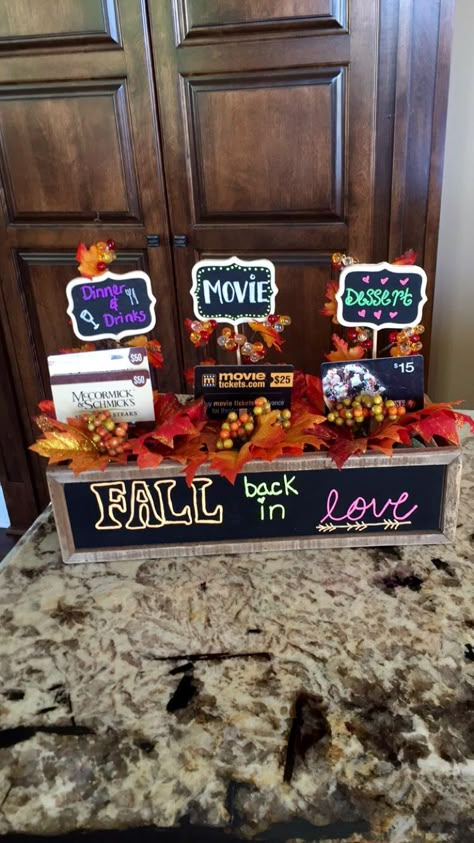 Fall date night gift basket!!                                                                                                                                                                                 More Gift Basket Ideas For Date Night, Date Night Silent Auction Basket, Date Night Fundraiser Basket, Date Night Out Gift Basket, Fall Gift Card Basket Ideas, Date Night Auction Basket, Date Night Gift Card Basket, Date Night Themed Gift Baskets, Date Night Gift Card Ideas