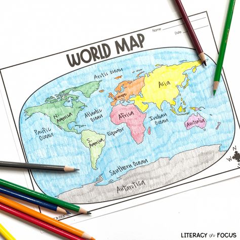 Printable World Map Worksheet and Quiz | Literacy In Focus Pacific Map, Printable World Map, Map Quiz, Geography Quiz, Continents And Oceans, Map Worksheets, Teaching Geography, Create A Map, Activity Worksheet