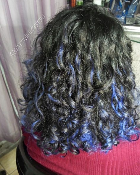 Purple Curly Hair Highlights, Black Hair Purple Highlights, Blue Hair Streaks, Hair Dyed Underneath, Hair Dye Shades, Blue Hair Highlights, Dyed Curly Hair, Dyed Hair Purple, Highlights Curly Hair