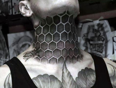 Mens Full Neck Bee And Honeycomb Tattoo Honeycomb Neck Tattoo, Tattoo Honeycomb, Front Neck Tattoo, Full Neck Tattoos, Honeycomb Tattoo, Vegas Tattoo, Throat Tattoo, Neck Tattoo For Guys, Bee Tattoo