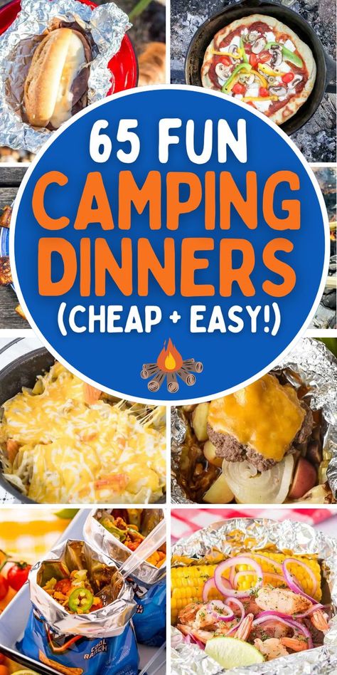 easy campfire dinners camping meals Easy Dinners For Camping Families, Camp Friendly Meals, Dinner Ideas For Camping Easy Meals, Budget Camping Meals, Cabin Supper Ideas, Camping Easy Food Ideas, Family Friendly Camping Meals, Camping Meal Ideas Families, Camp Grill Meals