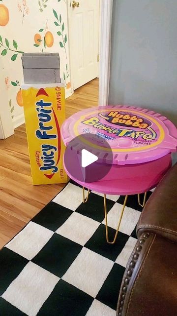 Grace Baldwin on Instagram: "Finished Bubble Tape End Table  and I love her🥹❤️  #maximalist #maximaldecor  #diy #diydecor #fooddecor #giantfood #artist #woodworking #handmadefurniture #interiordesign" Coffee Table Maximalist, Maximalist Coffee Table, Funky Tables, End Table Diy, Funky Coffee Tables, Diy End Table, Quirky Table, Colorful Coffee Table, Diy Side Table