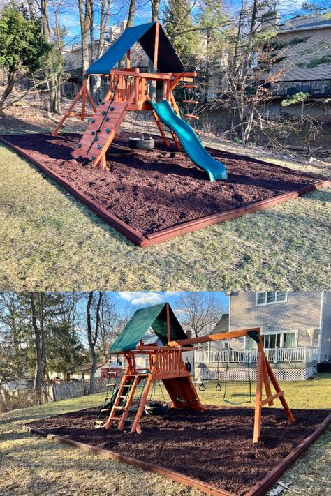 Playground Landscaping Rubber Mulch, Playground Border Ideas Cheap, Playground Border, Kid Friendly Backyard, Outdoor Kids Play Area, Playground Landscaping, Playground Surface, Rubber Mulch, Play Area Backyard