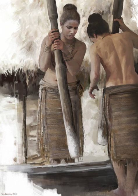 Neolithic women pounding grain in an early farming community by Tom Björklund Early Man Stone Age Clothes, Prehistoric Woman, Prehistoric Clothing, Ancestral Work, Pre Historia, Farming Community, Pre History, Primitive Pictures, Stone Age Art