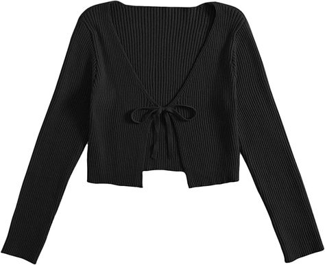 Floerns Women's Tie Front Long Sleeve Rib Knit Cardigan Crop Top Black M Western Outfits Men, Shein Sweater, Shrug For Dresses, Knit Shrug, Pullover Outfit, Cardigan Crop Top, Rib Knit Cardigan, Women's Tie, Cardigan Crop