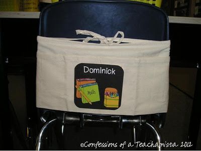 chair bags! School Chair Pockets, Student Chair Pockets, Seat Sacks, Welcome To Preschool, Chair Pockets, Home Sweet Classroom, Classroom Arrangement, Classroom Organization Elementary, Diy Classroom Furniture