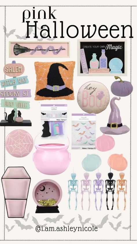 Pastel Halloween decor, halloween decor for kids room,  pink cauldron, velvet skeletons, pastel pumpkin plates, pink pumpkin plates, witch hat pillow Pastel Color Halloween Decor, Pastel Pink Halloween Aesthetic, Pink Halloween Party Decor, Pink Cauldron, Day Bed Room, Cozy Kitchen Ideas, Pastel Apartment, Pastel Halloween Decor, Halloween Fortune Teller