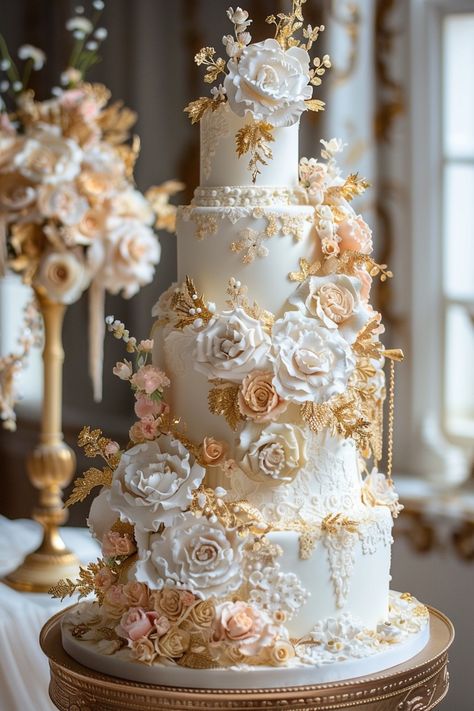 Sumptuous Ivory Elegance: Birthday Cake Aesthetic for a Grand Celebration Opulent Wedding Cake, Fairytale Wedding Cake Ideas, Grand Wedding Cake, Wedding Cake Designs Elegant Gold, Ivory Birthday Cake, Wedding Cace, Gold Vintage Cake, Spring Wedding Cake Ideas, Fairytale Wedding Cake