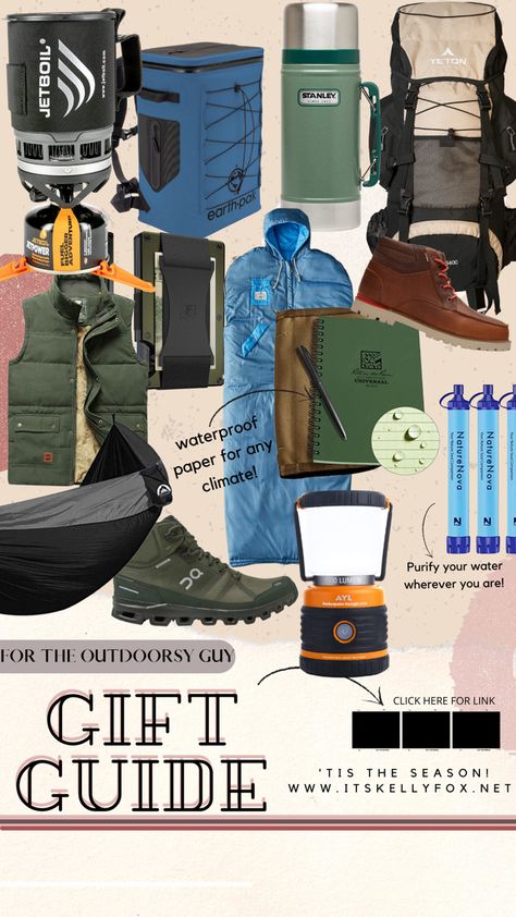 Guy Gift. Outdoorsy Gift. Sleeping Bag. Gift guide for him Hiking Boots. Waterproof Paper. Puffer Vest. Outdoor Guy Gifts, Outdoorsy Gifts For Him, Gifts For College Boys, Granola Boy, Backpacking Gifts, Outdoorsy Gifts, Beauty Gift Guide, Camping Hammock, College Boys