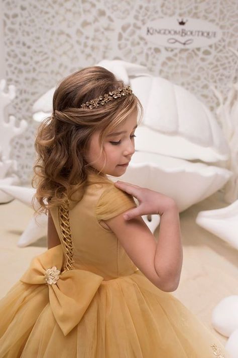 Untitled Gold Flower Girl Dress, Formal Flower Girl, First Communion Hairstyles, Gold Flower Girl, Kids Hairstyles For Wedding, Girls Updo, Communion Hairstyles, Pageant Hair, Wedding Party Bridesmaid