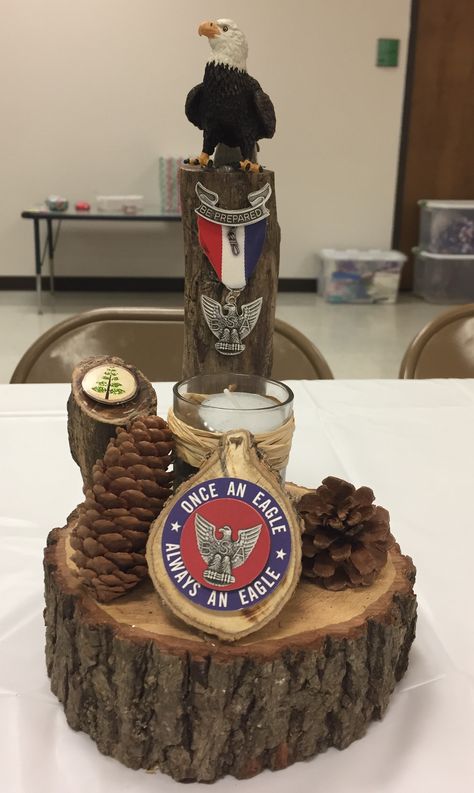 Eagle Scout ceremony table center piece Eagle Table Decorations, Eagle Ceremony Decorations, Eagle Scout Ceremony Decorations, Eagle Scout Display Table, Eagle Scout Centerpieces, Eagle Scout Court Of Honor Ideas, Eagle Scout Project Ideas, Eagle Scout Cake, Eagle Ceremony