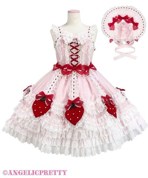 [MTO] Strawberry Cake JSK Set by Angelic Pretty Angel Core Fashion, Strawberry Theme Outfit, Red Kawaii Aesthetic, Strawberry Aesthetic Outfit, Angelic Pretty Dress, Artistic Outfits, Strawberry Outfit, Red And White Outfits, Strawberry Dress