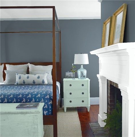 Look at the paint color combination I created with Benjamin Moore. Via @benjamin_moore. Wall: Powell Gray CW-665; Mantle: Chalk White 2126-70; Chest: Wythe Blue HC-143; Ceiling: Chalk White 2126-70. Boothbay Gray Bedroom, Boothbay Gray, Benjamin Moore Bedroom, Palladian Blue Benjamin Moore, Calming Paint Colors, Wythe Blue, Bedroom Paint Colors Master, Palladian Blue, Blue Green Paints