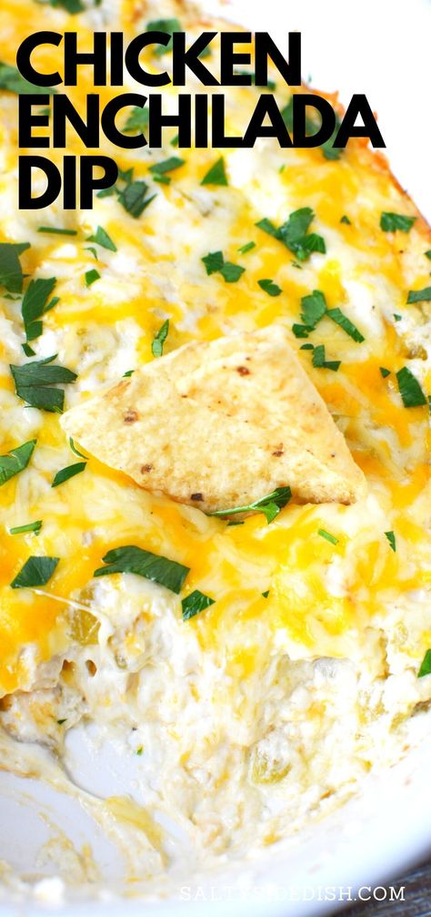 Chicken Enchilada Dip - Delicious creamy chicken enchilada dip with a super cheesy and filling center is meant for four, but you may want to whole dish! A fan favorite, this hot chicken dip is savory and the recipe asked for at every party.  #chickendip #chickenenchildadadip #mexicandip #hotdip #sidedish #chicken #cheese #creamcheese #appetizer #savory Easy Chicken Dips, Chicken Enchilada Dip Recipe, Enchilada Dip Recipe, Hot Chicken Dip, Enchilada Dip, Chicken Appetizer Recipes, Chicken Enchilada Dip, Mexican Mole, Can Chicken Recipes