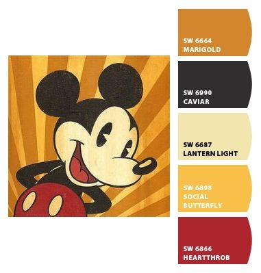 Paint colors from Chip It! by Sherwin-Williams Vintage Disney Color Palette, Mickey Mouse Color Palette, Disney Color Palette, Vintage Paint Colors, Punk Disney Princesses, Disney Princess Colors, Disney Rooms, Disney Colors, Mickey Y Minnie